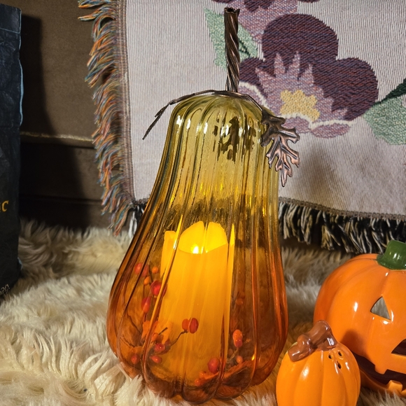 Vintage Glass Ceramic Halloween Pumpkin Lantern Votives Salt Pepper Shakers - Picture 2 of 9